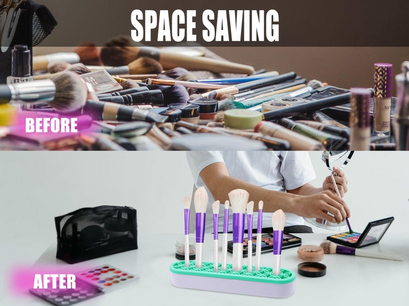 GDFYMI Silicone Makeup Brush Holder, 2Pcs Stand Pen Brush Organizers Drying Rack Travel Storage Box Multi-Purpose Desktop Organizer for Painting Eyeliners Makeup Brushes Pens - Green Purple - Image 4